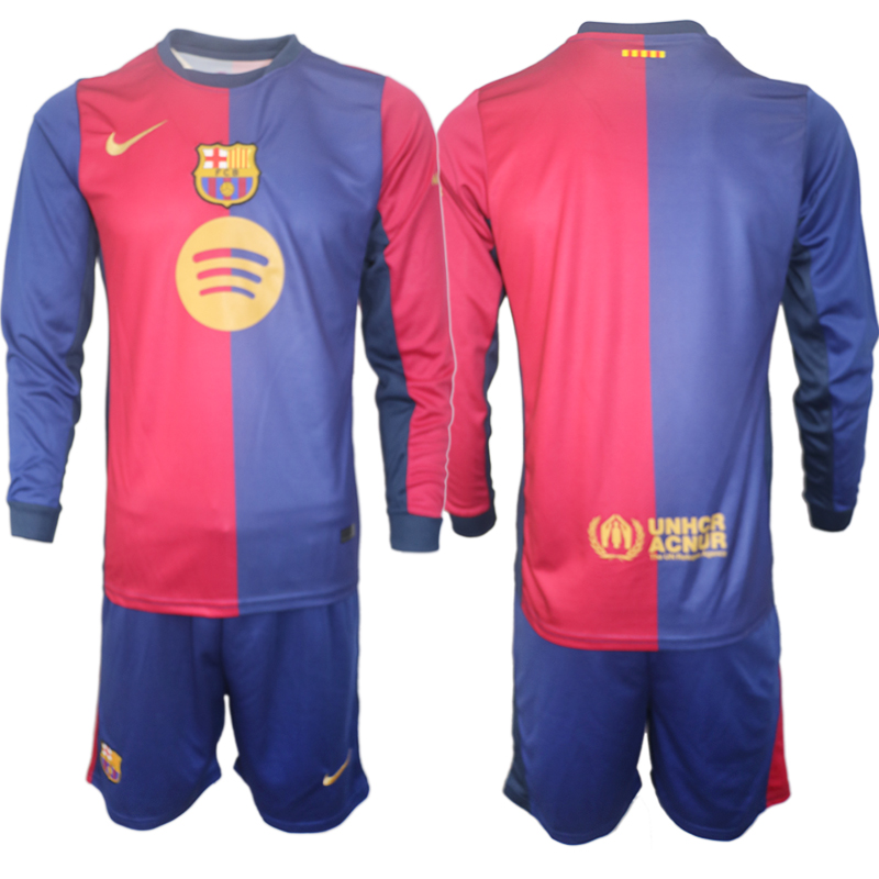 Men 2024-2025 Club Barcelona home Long Sleeves Blue Blank Soccer Jersey